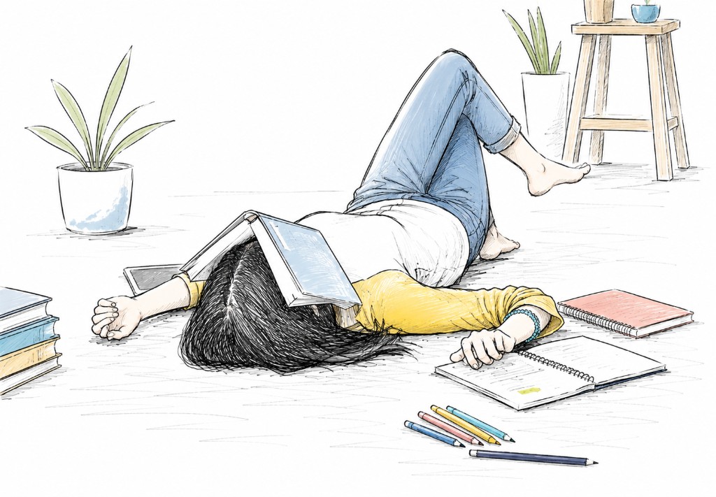 Student lying on the floor with a book over their face, surrounded by notebooks and study materials